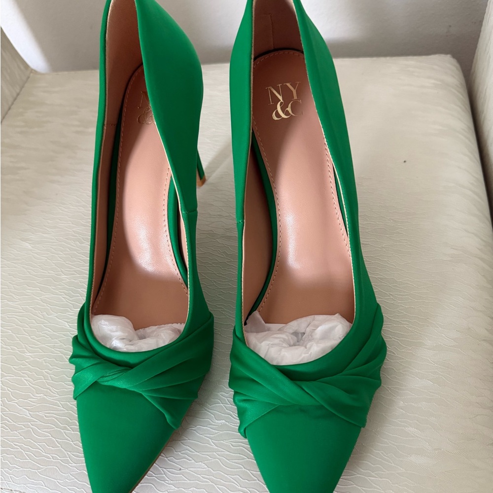 New York & Company Green Suede Heels with Ruched Detail